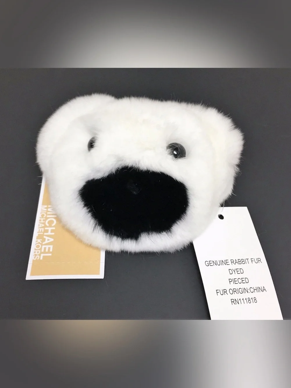 Michael Kors NWT White Plush Bear Face Keychain BAG CHARM with Black Nose